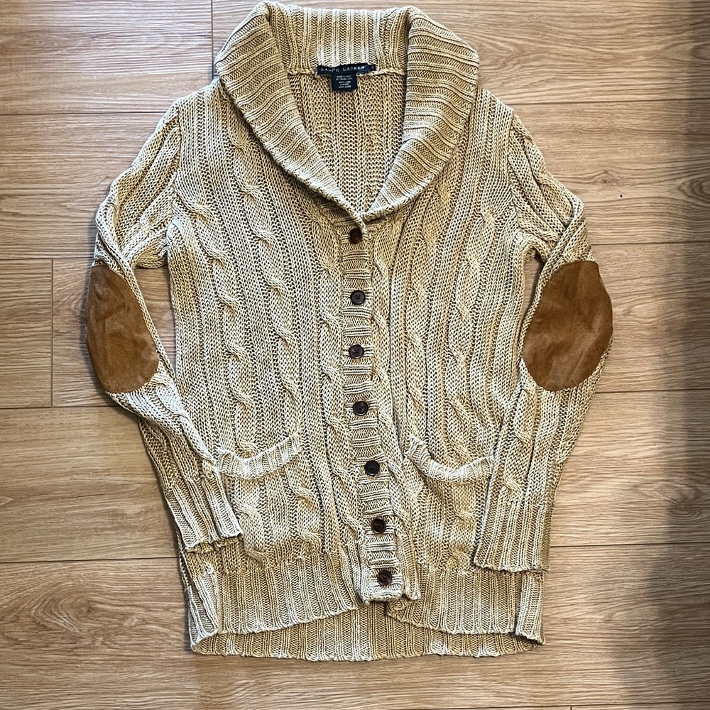 Vintage Ralph Lauren linen cable knit cardigan with suede elbow patches